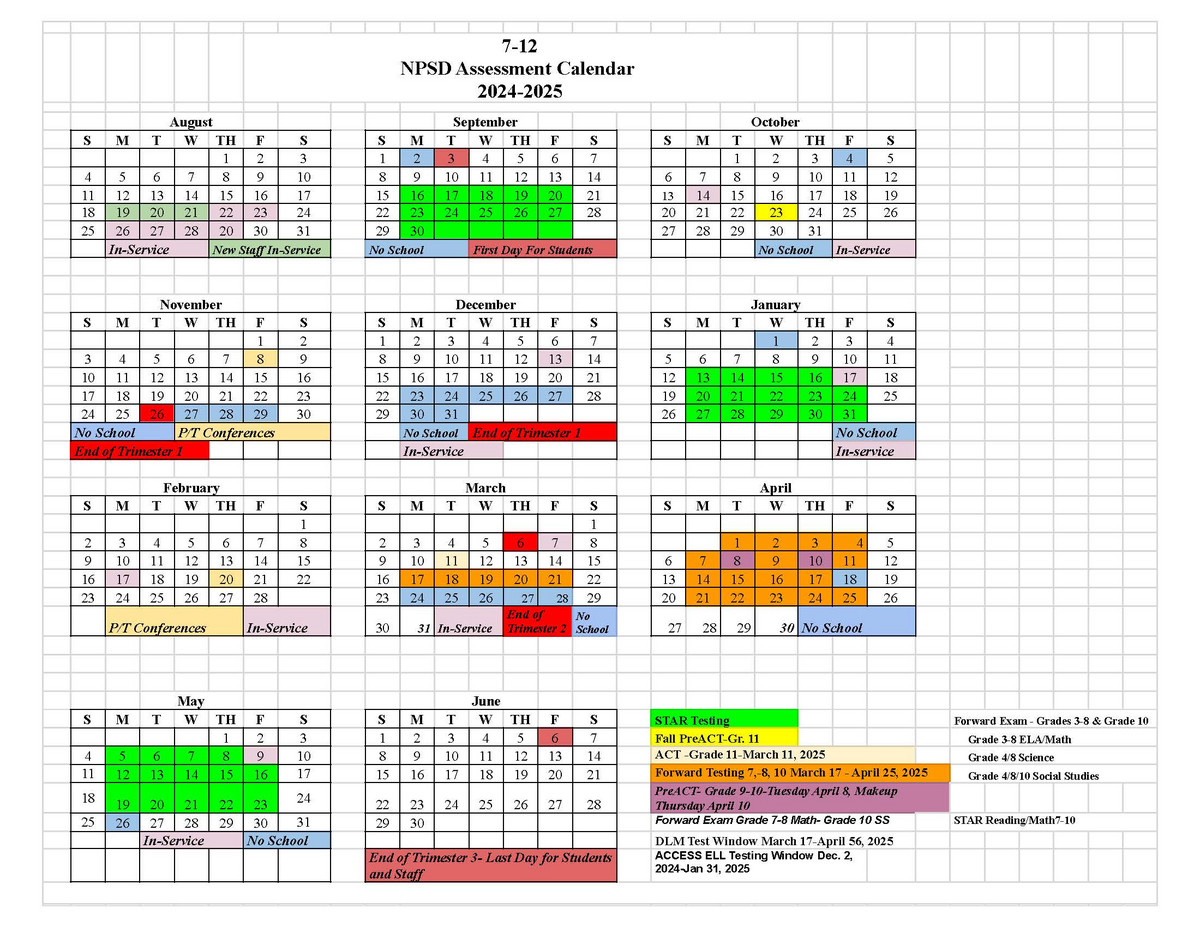 assessment calendar for 4K-6th grade